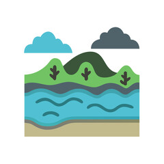 Coastal landscape illustration with trees, hills and clouds
