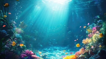 Fototapeta premium Underwater shot with sunrays and fishes in deep tropical sea