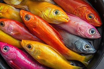 Fototapeta premium A hyper-realistic pan filled with colorful fish, showcasing a vibrant color palette.