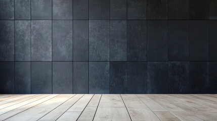 Fototapeta premium Modern interior with black tile wall and wooden floor