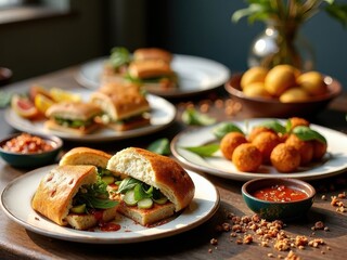 Table with plates of food, including sandwiches, potato wedges, and a vase of flowers