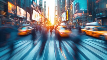 Dynamic city street with motion blur of people and traffic