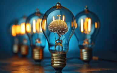 A row of light bulbs with a brain in the middle