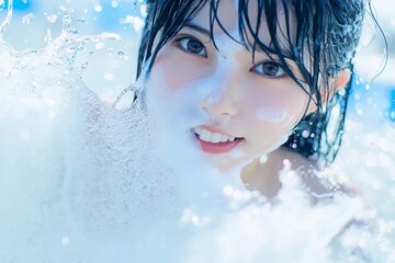 Washing her face, a beautiful woman stands in a white studio