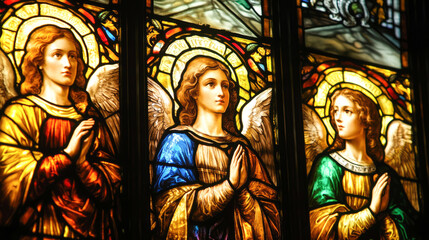 Fototapeta premium Stained glass window depicting three angels in prayer with vibrant colors and intricate detailing
