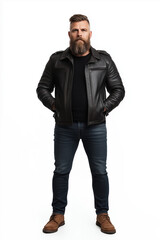 Fototapeta premium Confident man in black leather jacket with arms crossed on white background 