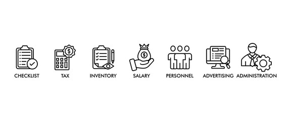 Cost reduction banner web icon vector illustration concept with icon of checklist, personnel, inventory, salary, tax, advertising and administration