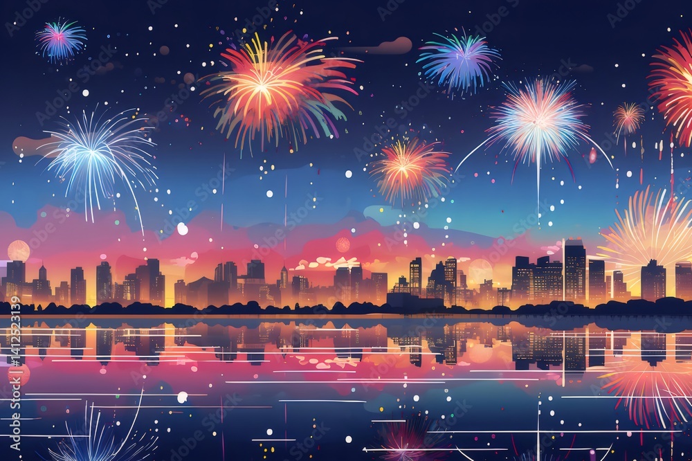 Poster 夜空を彩るカラフルな花火の光景 都市のシルエットと水面の反射が美しい夏の夜の祝祭風景