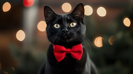 Festive black cat, red bow tie, Christmas lights