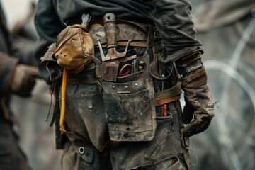Close-up of a construction worker with a bag and tools kit worn on the waist