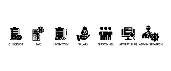 Cost reduction banner web icon vector illustration concept with icon of checklist, personnel, inventory, salary, tax, advertising and administration