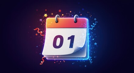 Stylized Illustration of a Calendar Flipping to January 1st with Sparkles