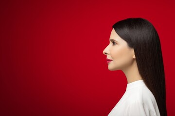 A stunning portrait of a brunette woman with brown eyes and luscious, long, shiny, wavy black hair, showcasing volume shampoo, set against a pink background with a beautiful model wearing