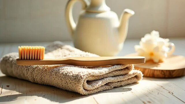 A wooden toothbrush on a soft towel beside a teapot and a flower, showcasing a serene morning routine.