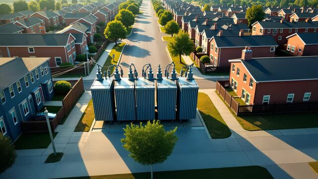 An aerial view of modern transformers set against a suburban neighborhood, highlighting urban infrastructure.