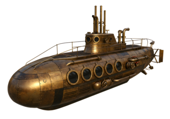 Steampunk Submarine Image: Vintage Brass Submersible, Underwater Vessel, Nautical Illustration