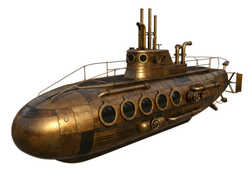 Steampunk Submarine Image: Vintage Brass Submersible, Underwater Vessel, Nautical Illustration