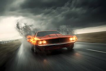 Blazing Speed: A vintage muscle car, ignited with fiery trails, speeds down an open road against a dramatic, stormy sky, symbolizing power, velocity, and classic automotive design.