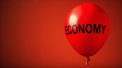 Overinflated red balloon labeled Economy on empty space. Inflation concept