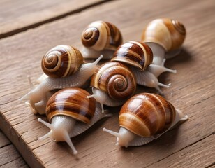 Organic farming, Agriculture, Edible snails on wooden boards. Production of snails. Snail farm. Snails are mollusks with a brown striped shell, at the stage of maturation