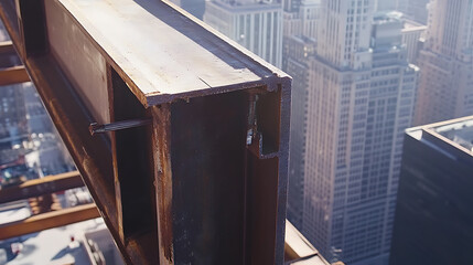 Structural ironworker bolting steel beams together on a skyscraper framework. Featuring large-scale construction
