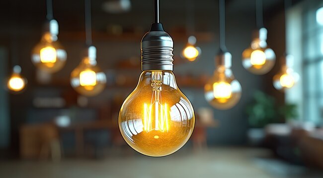 A light bulb is lit up in a room with many other light bulbs