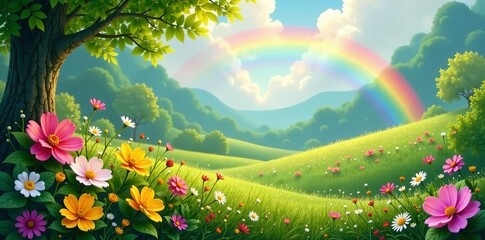 Obraz premium Serene nature setting with blooming flowers, fresh green foliage, and a magical rainbow in the background, background, serene