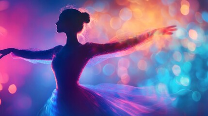 Double exposure of a dancer in motion with colorful light trails, elegant aesthetic, smooth background for quote