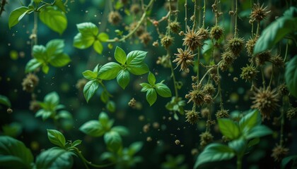 Floating Basil Leaves and Dried Herbs A Surreal Green Botanical Image