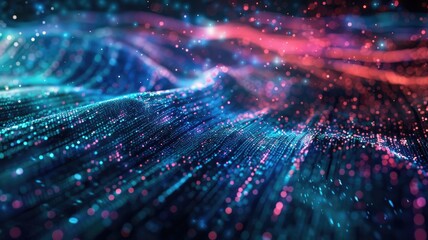 Obraz premium Abstract picture micro light sparkling particle represent data flow vivid flowing wave with high tech background, create digital effect scene perfect for energetic and fantasy wallpaper design. AIG53.