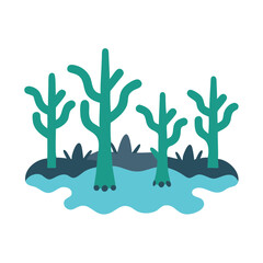 Obraz premium Cartoon cactus forest with water and grass illustration