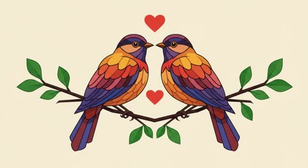 Geometric Stylized Illustration of Two Birds Forming a Heart on a Branch