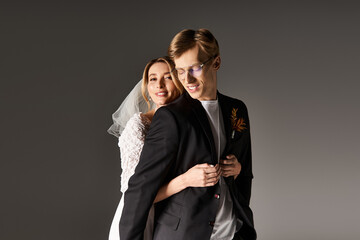 Joyful spring wedding celebration of a young couple in love