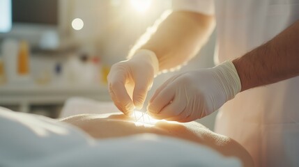 Medical professional performs precise procedure on patient in a well-lit health facility during daytime