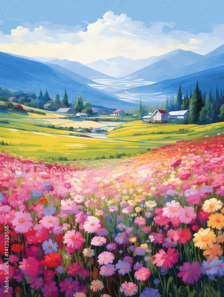Poster カラフルな花咲く風景画 丘の上の鮮やかなピンク色の花畑と青い山々 広大な夏の自然の美しさ