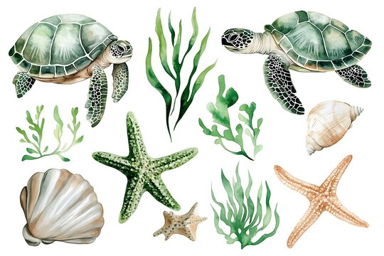 Watercolor sea turtles, starfish, shells, seaweed.
