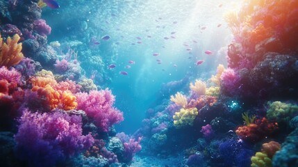 Fototapeta premium Underwater view of a colorful coral reef with fishes, showcasing the ocean ecosystem