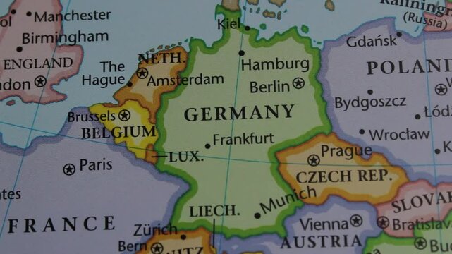 close up of the country of Germany viewed on a wold map as a travel concept. Germany on a map. Political map of Germany 
