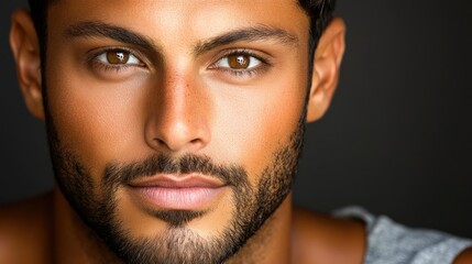 Close-up portrait of a man with a serious expression.  His tanned skin, brown eyes, and short dark hair are highlighted