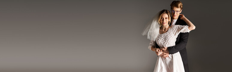 Celebrating love in spring with a joyful couple in elegant wedding attire