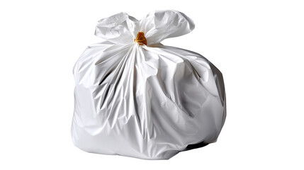 Full Garbage Bag: A close-up shot of a full white garbage bag, tied shut with a twist-tie, ready for disposal. The bag is positioned against a white background.