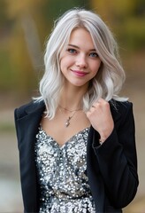 Naklejka premium A beautiful Russian blonde woman poses in an elegant silver dress with sequins against a white background