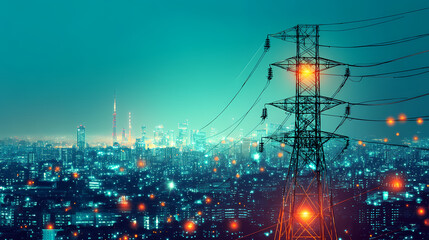 Power Grid Over City: Capturing the modern marvel of power transmission, a towering electricity pylon stands against a futuristic city backdrop, symbolizing energy, technology, and urban development.