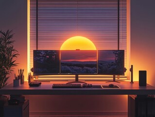 Tech Haven at Sunset: An inspiring desktop setup bathed in the warm glow of sunset, with multiple monitors and a sense of productivity. 