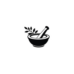 Mortar and pestle with a sprout silhouette on white background