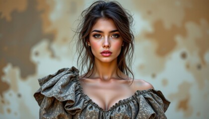 Fototapeta premium A striking portrait of a young woman with luminous skin, her features highlighted by soft, diffused lighting
