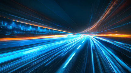 Speed of Light: Abstract light trails streak across a dark tunnel, simulating high-speed movement. The vibrant blue and orange hues create a dynamic and futuristic aesthetic.