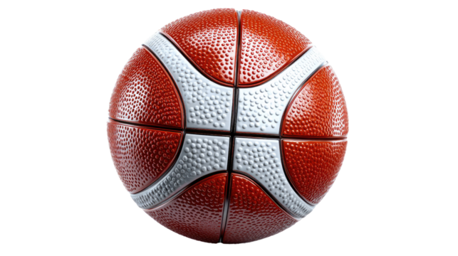 Basketball: A studio shot of a basketball with a textured orange surface and white panel detailing. Captured from a high angle, the spherical shape is prominent. 