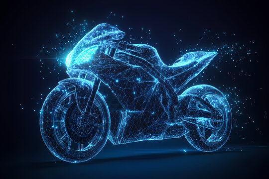 Digital Speed: A futuristic digital rendering of a sleek sportbike motorcycle, its form rendered in glowing blue lines against a dark backdrop, evoking a sense of speed and innovation. 