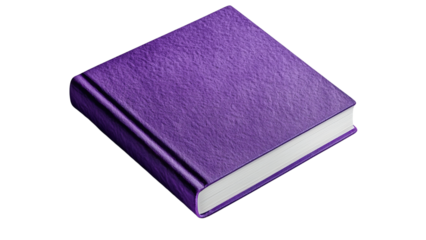 Png of A vibrant purple hardcover book with textured surface, resting on a reflective surface, evoking a sense of creativity and imagination.